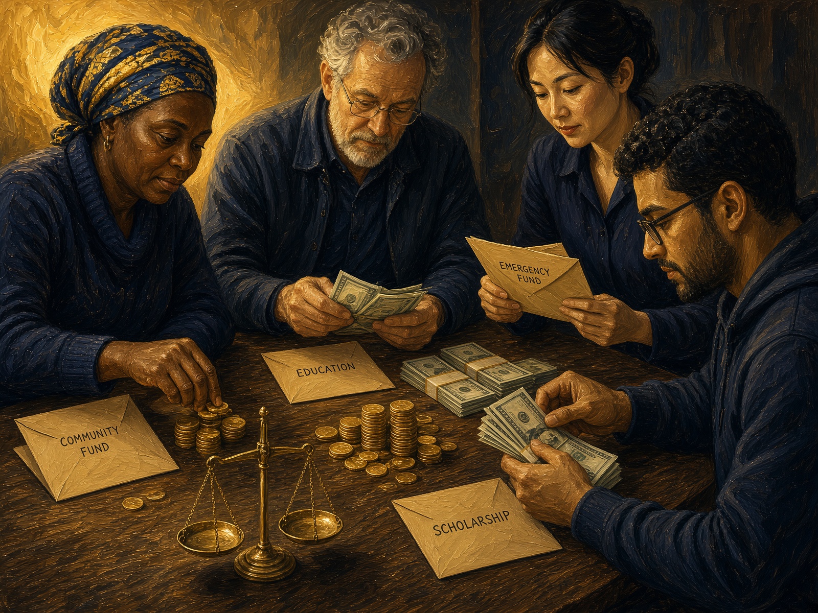 People counting compensation money into gold envelopes