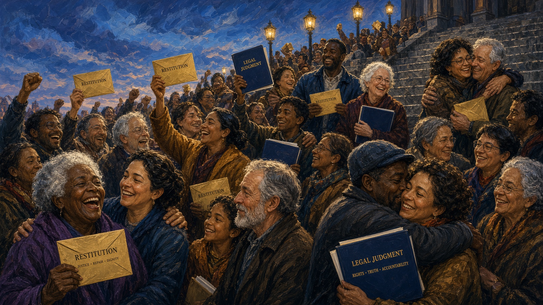 A crowd celebrating on courthouse steps
