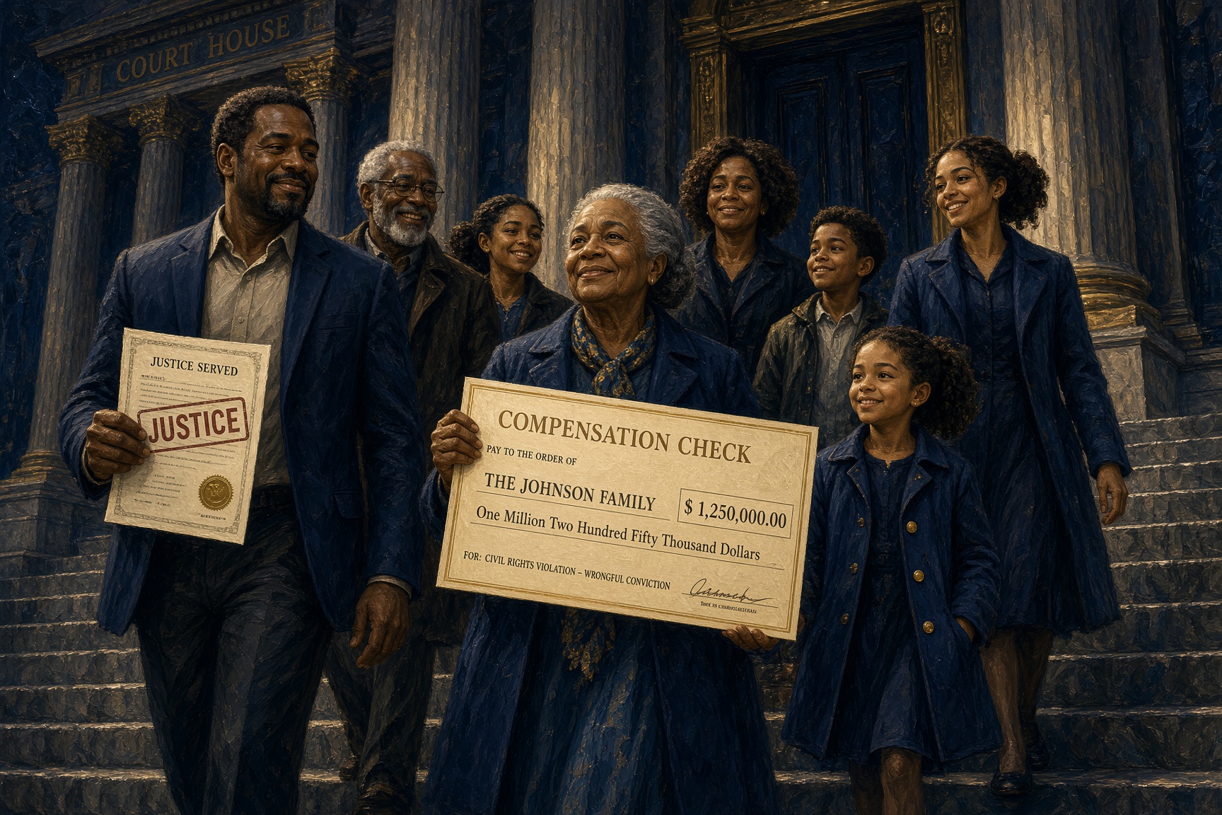 A family leaving court with a compensation check
