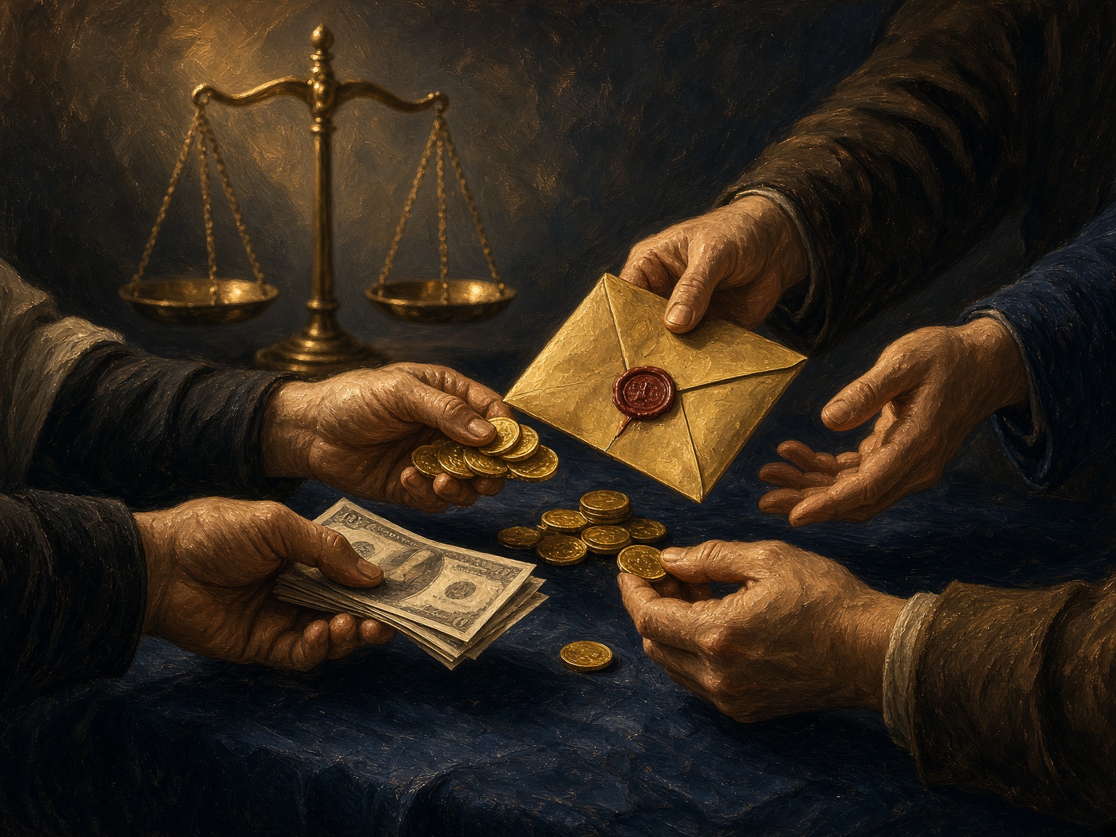 Hands passing gold coins and cash