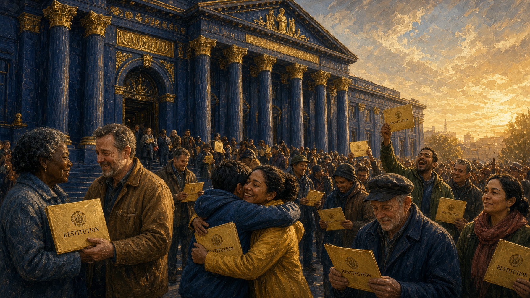 People gathering outside a navy and gold courthouse